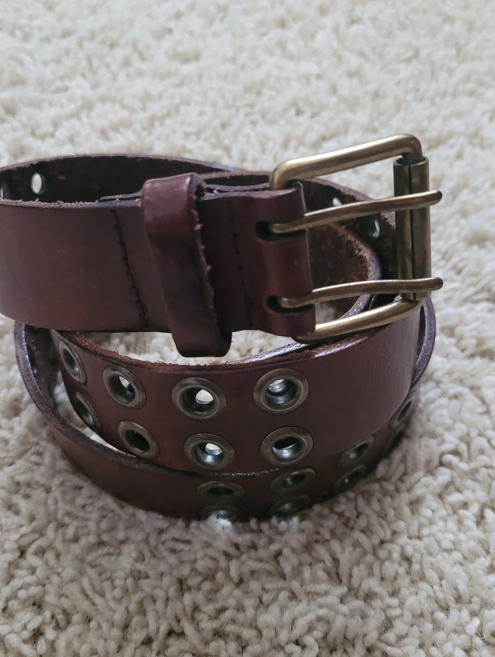 Girls XL Brown Leather Double Grommet Belt Y2K 90s